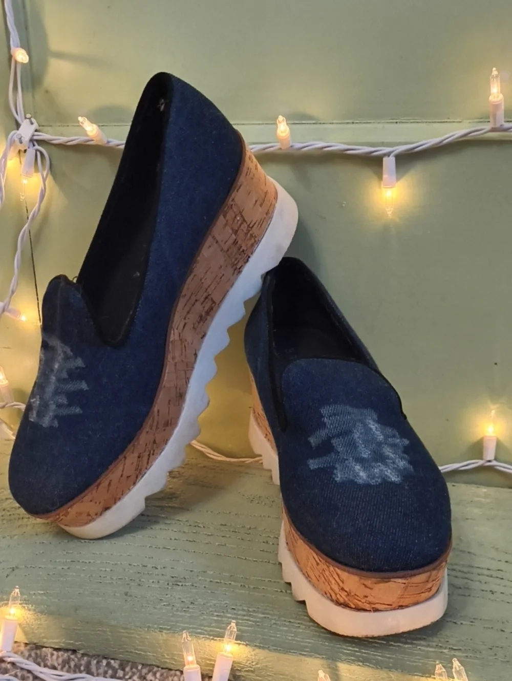 Women's Bamboo Distressed Denim Cork Platform Loafer 8